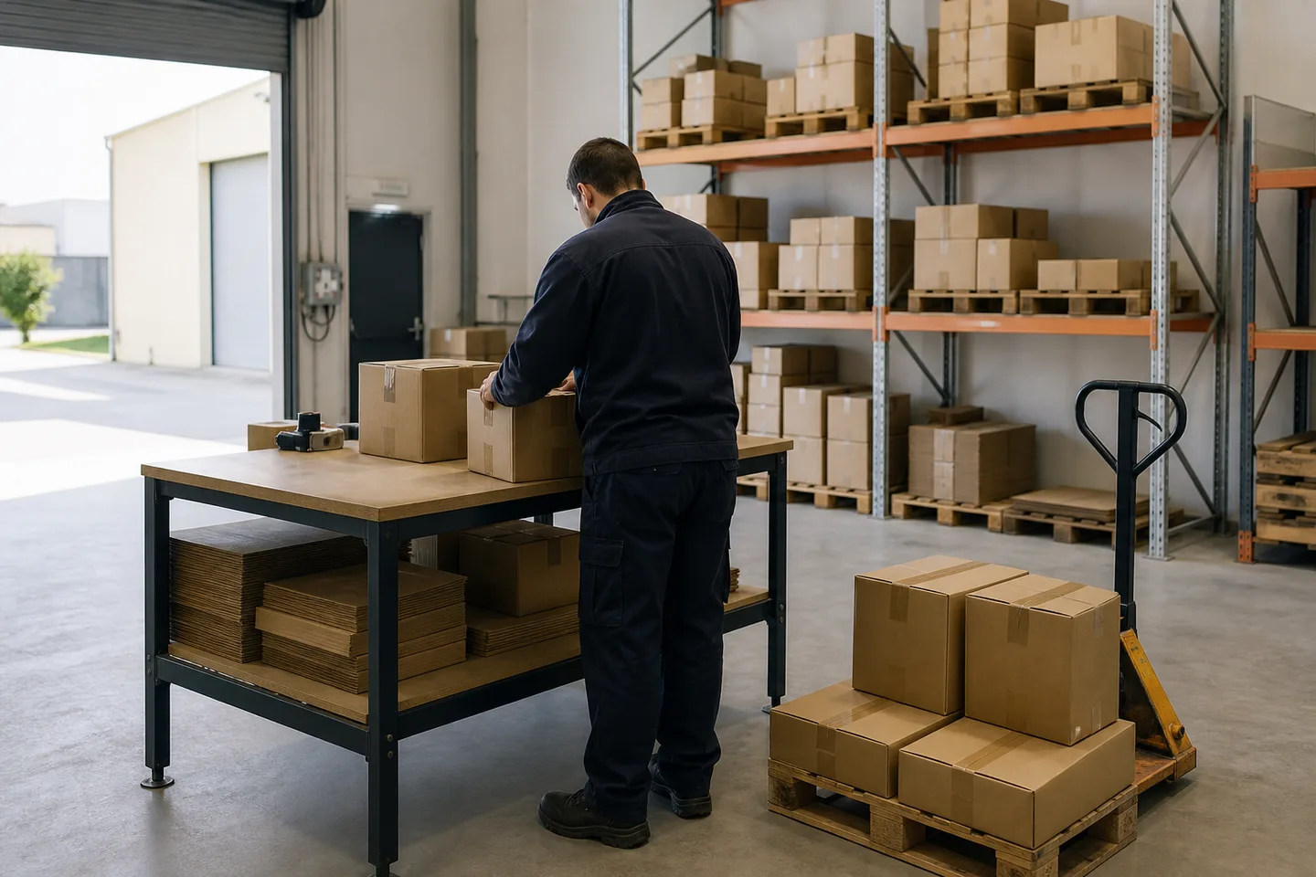 Scène illustrative de réception de marchandises dans un entrepôt de préparation.