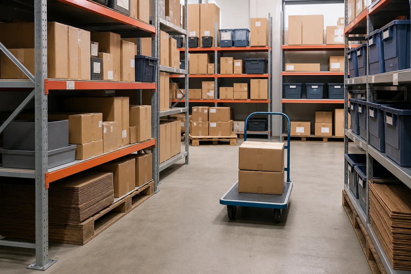 Scène illustrative de stockage organisé sur des rayonnages.